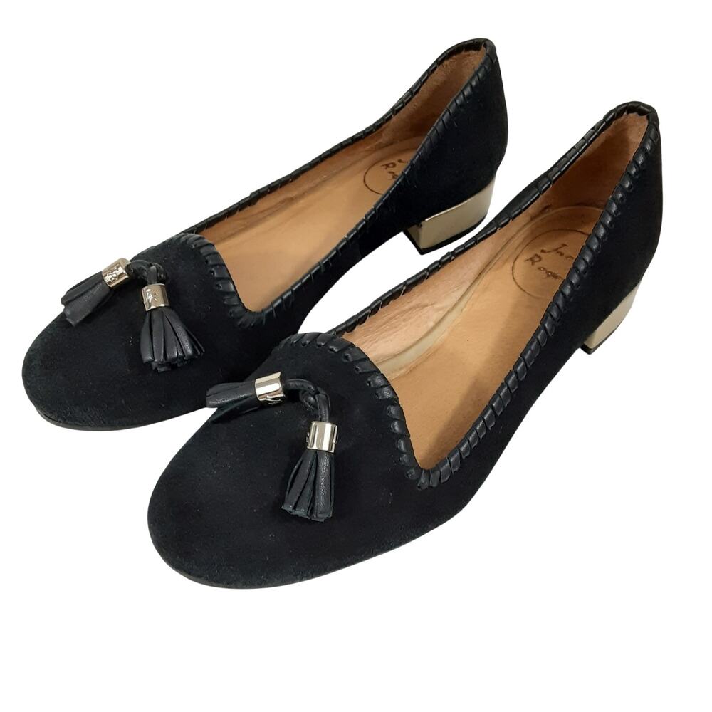 Jack Rogers Gabrielle Loafers Kiltie Black Suede Flats Block Heel 7.5 Business